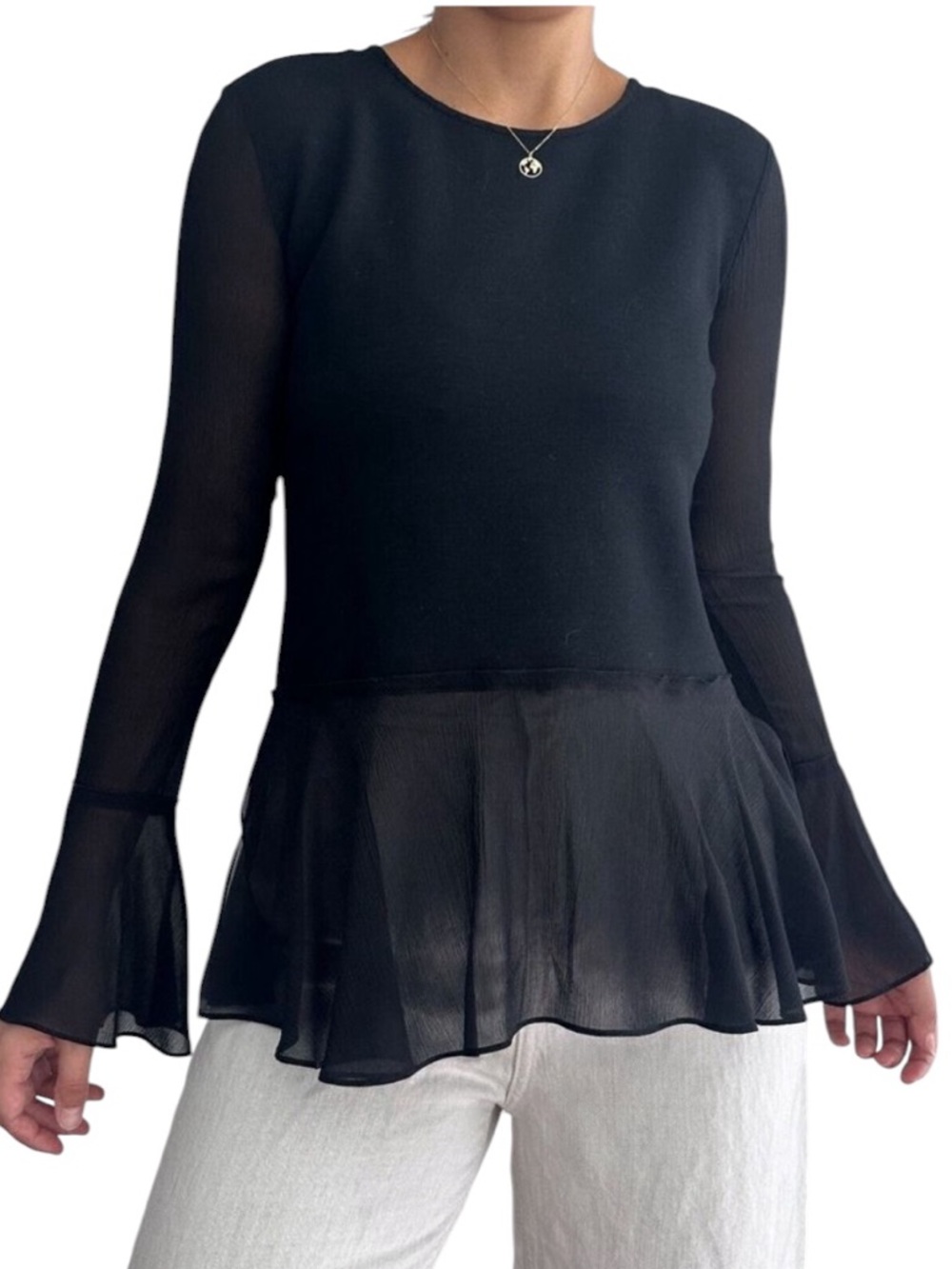 Theory Lexanda C-Idol Black Jersey Peplum Boho Bell Sleeve Quiet Luxury Top